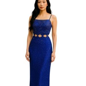 Sean Collection 100% Silk Beaded Cutout Maxi Dress Blue Spaghetti Strap L